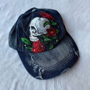 Embroidered Skull and Roses Y2K Distressed Denim Cap